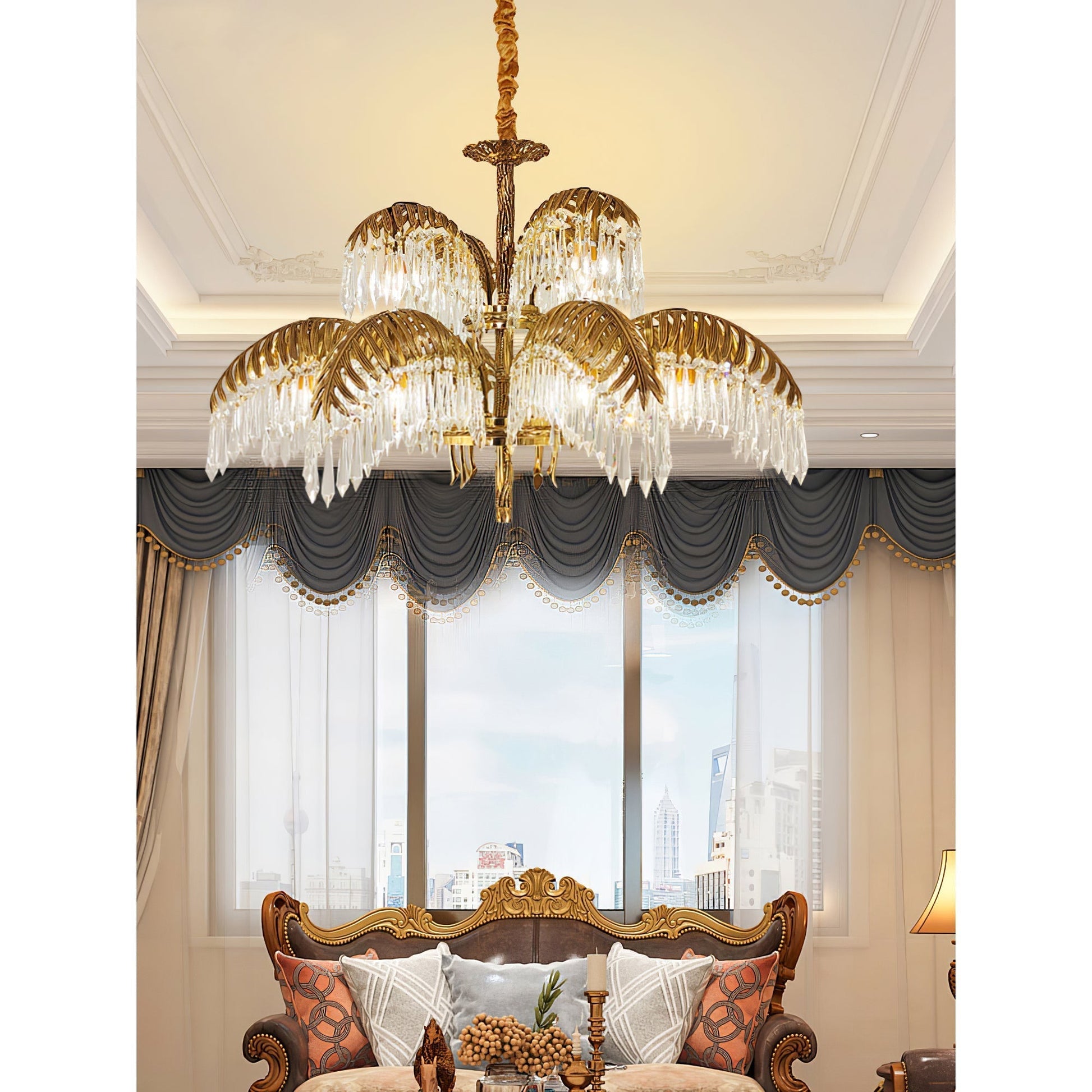 Brass Palm Leaf Crystal Chandelier Chandelier