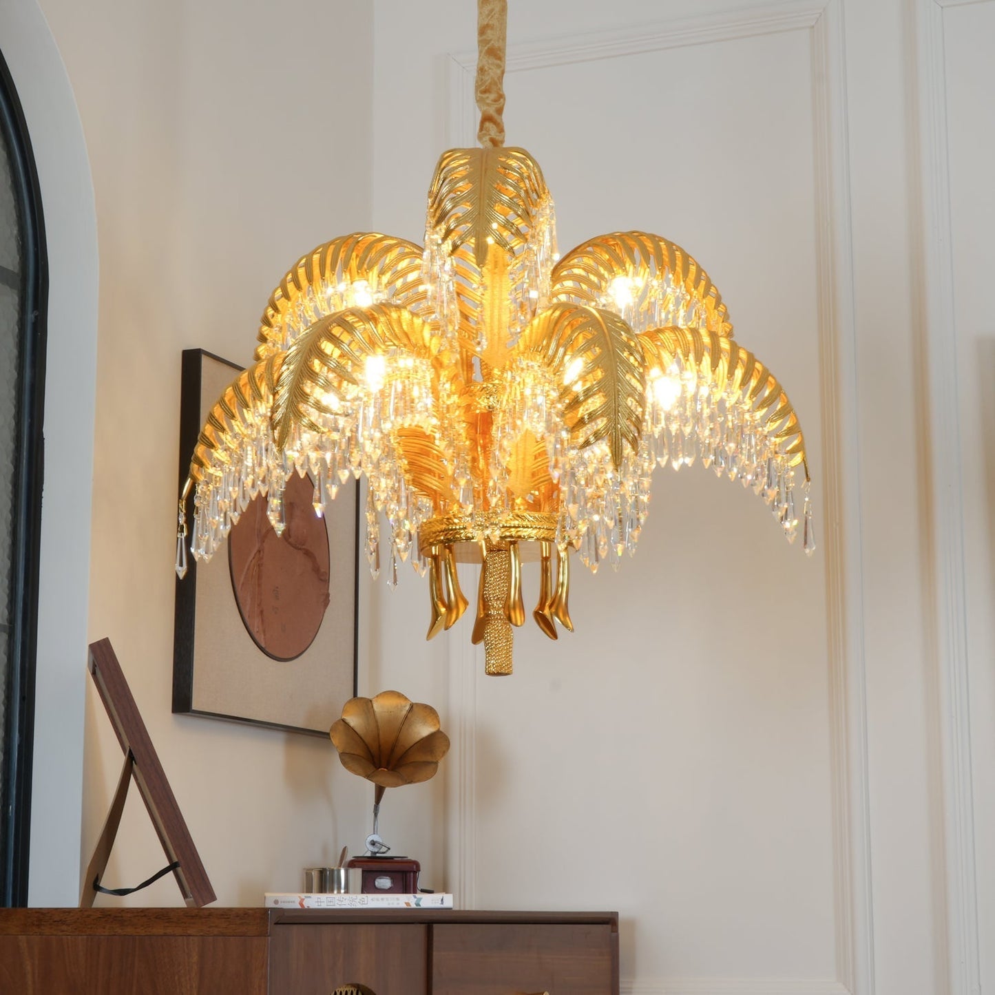 Brass Palm Leaf Crystal Chandelier Chandelier