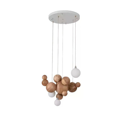 Bubble Wood Balls Chandelier Dia 19.7″ x H 19.7’’ / Wood Color / Warm Light Chandelier