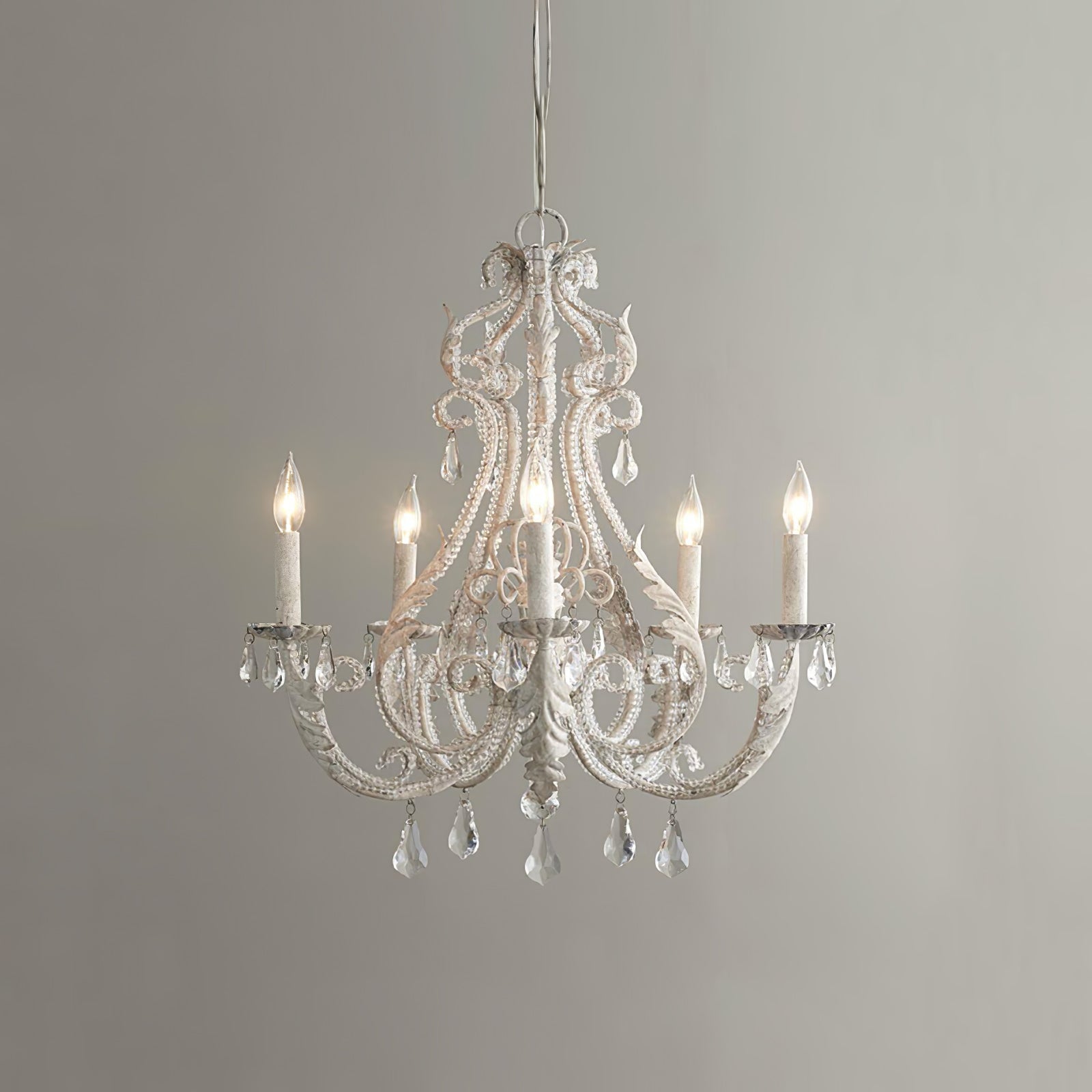 Candle Holder Chandelier 5 heads Φ 15.7″ x H 19.7″ / Dia 40cm x H 50cm / Antique White Chandelier