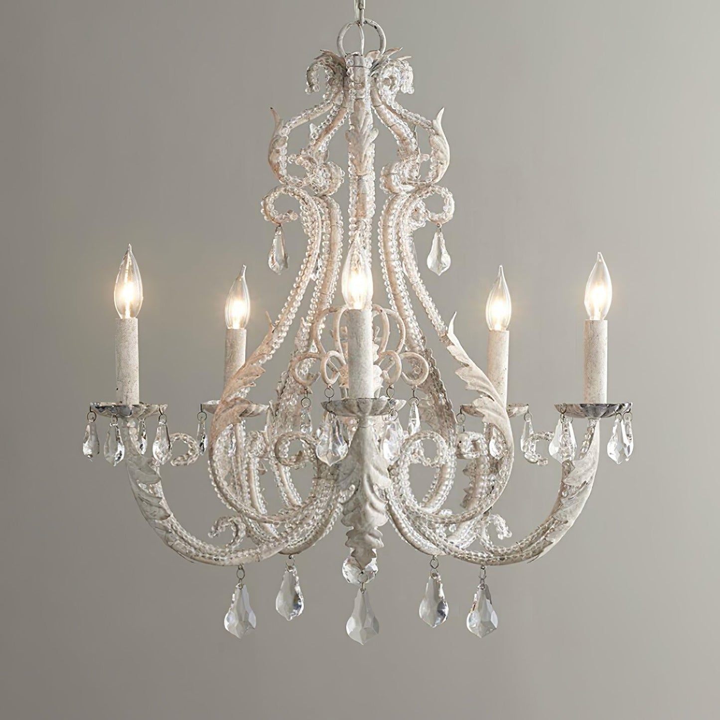 Candle Holder Chandelier 5 heads Φ 25.6″ x H 23.6″ / Dia 65cm x H 60cm / Antique White Chandelier