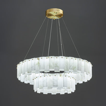 Celestial Alabaster Round Chandelier 2 layers Dia 31.5″+17.7 x H 11″ / Dia 80cm + 45cm x H 28cm / Brass & White / Warm
