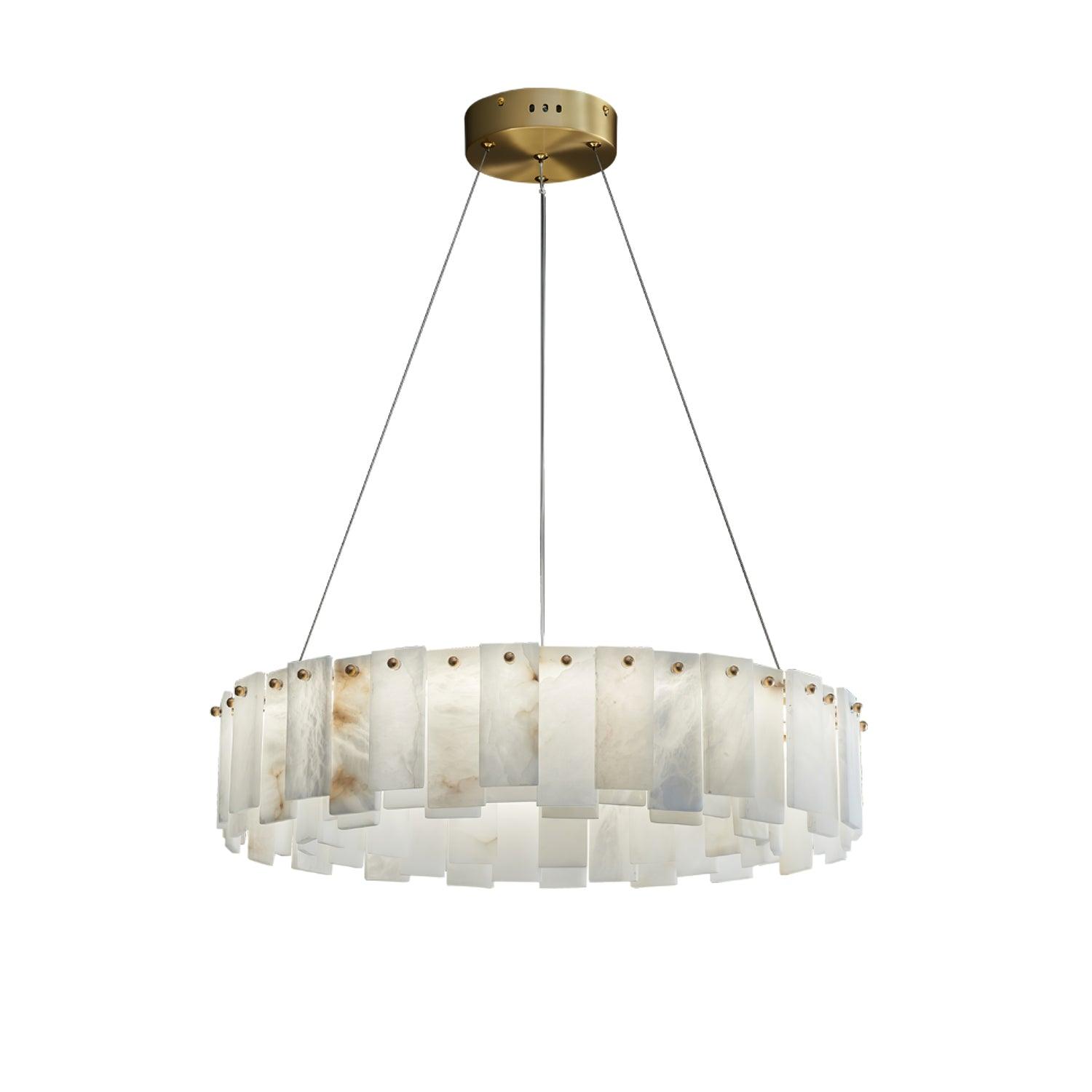 Celestial Alabaster Round Chandelier 1 layer Dia 17.7″ x H 5.5″ / Dia 45cm x H 14cm / Brass & White / Warm Light