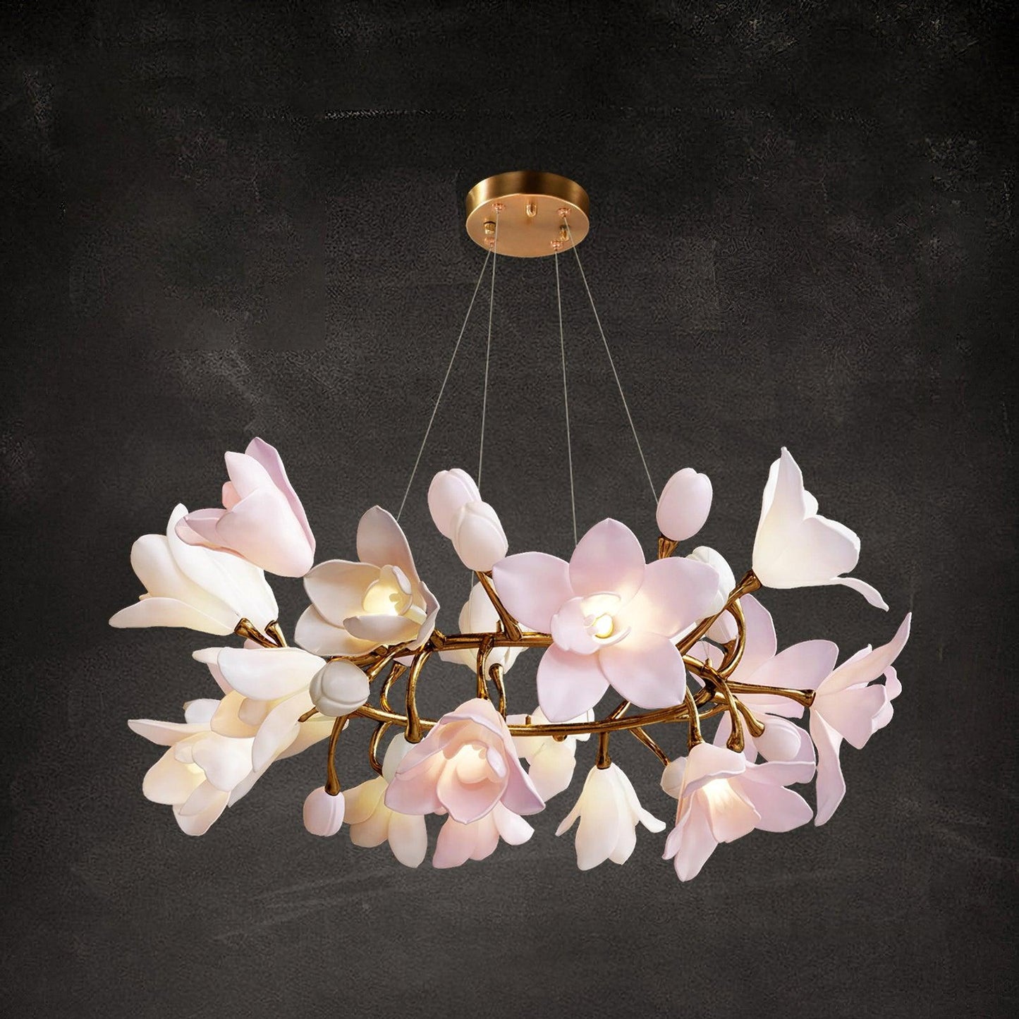 Circular Blossom Chandelier ? 23.6″ x H 15.7″ / Dia 60cm x H 40cm / Brass & Pink Chandelier