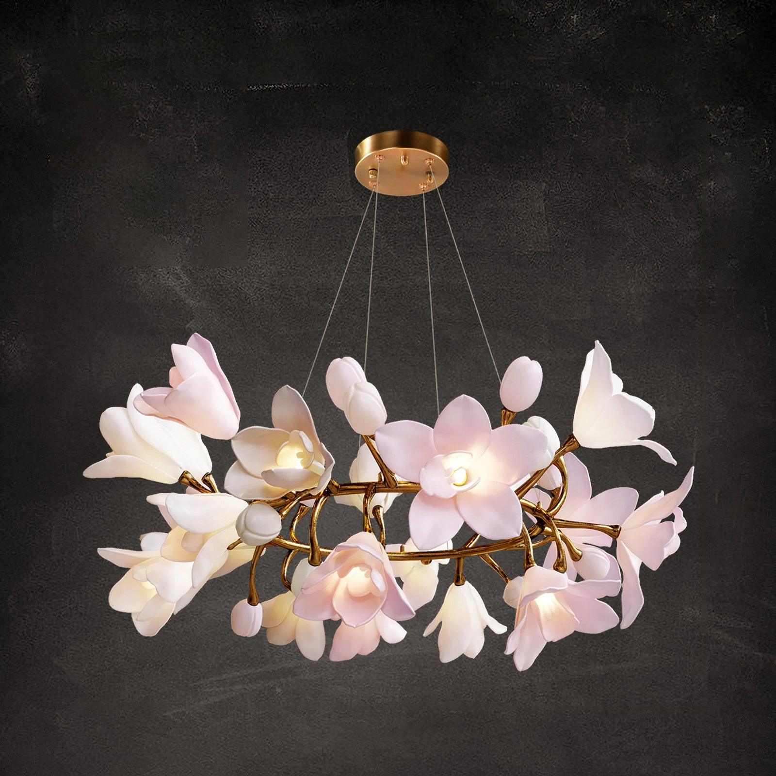 Circular Blossom Chandelier ? 23.6″ x H 15.7″ / Dia 60cm x H 40cm / Brass & Pink Chandelier