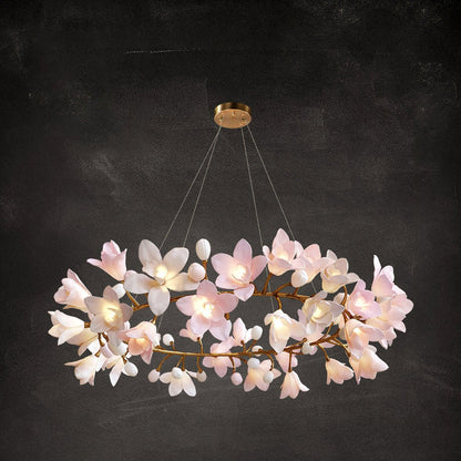 Circular Blossom Chandelier ? 39.4″ x H 17.7″ / Dia 100cm x H 45cm / Brass & Pink Chandelier