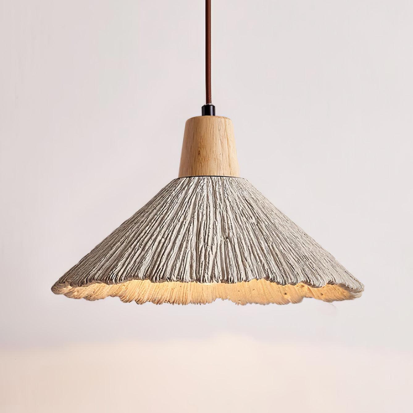 Concrete Pleated Pendant Lamp Dia 10.2″ x H 6.3″ / Dia 26cm x H 16cm / Nature wood color & Grey concrete Pendant light