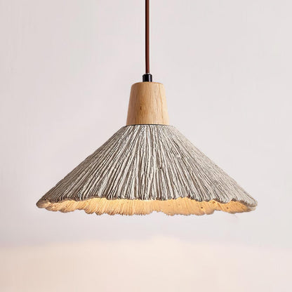 Concrete Pleated Pendant Lamp Dia 10.2″ x H 6.3″ / Dia 26cm x H 16cm / Nature wood color & Grey concrete Pendant light