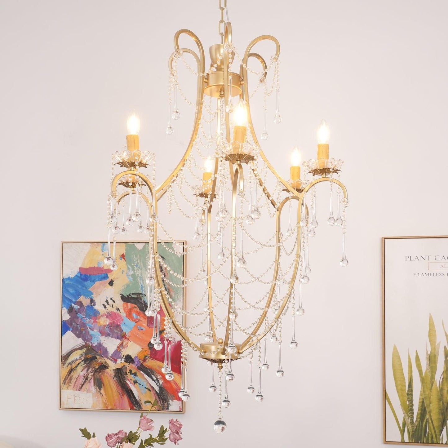 Crystal Birdcage Chandelier 6 Heads Φ 30.7″ x H 45.7″ / Dia 78cm x H 116cm / Gold & Clear Chandelier