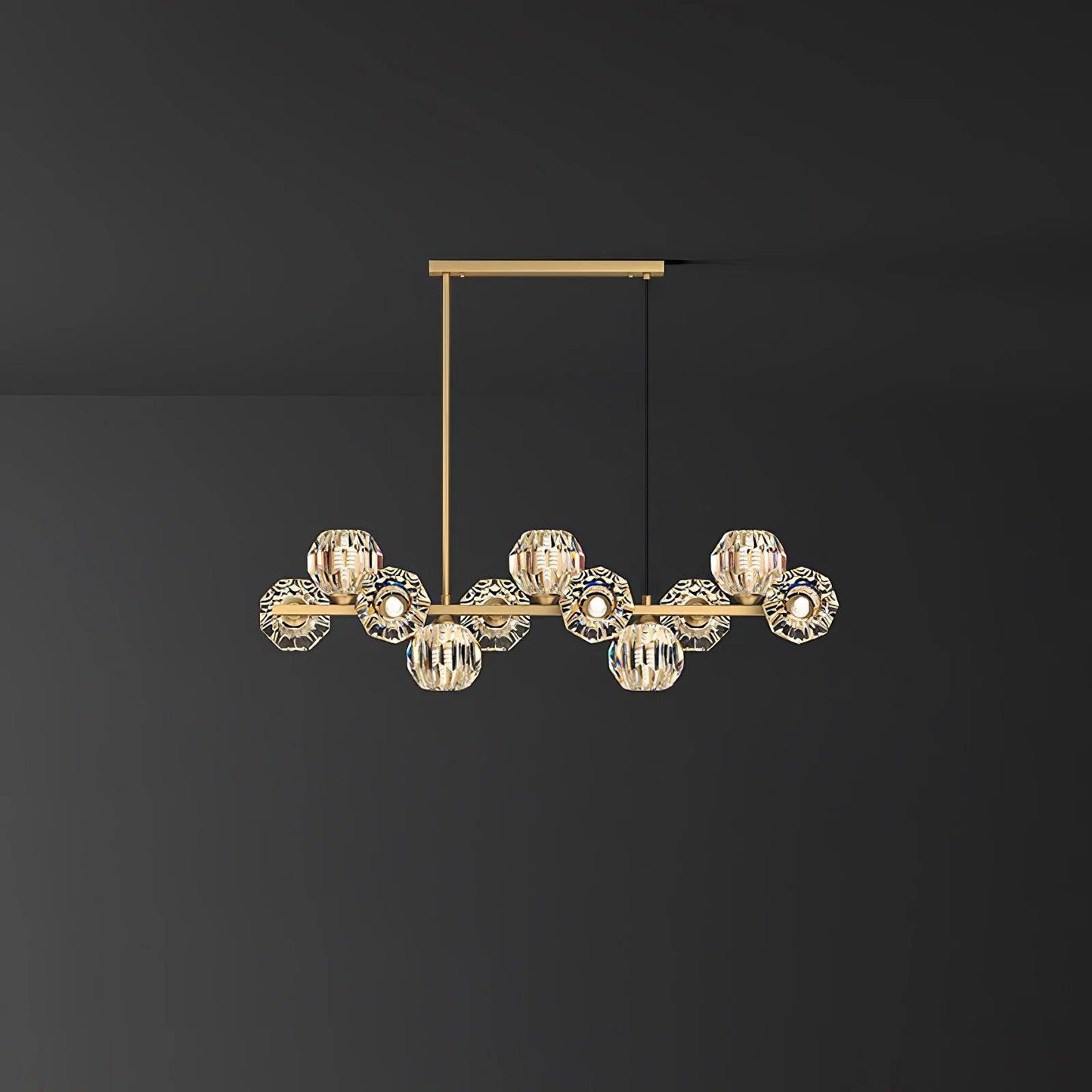 Crystal Glass Ball Chandelier 11 Heads L 39.4″ x W 7.1″ x H 39.4″ / L 100cm x W 18cm x H 100cm / Brass & Clear