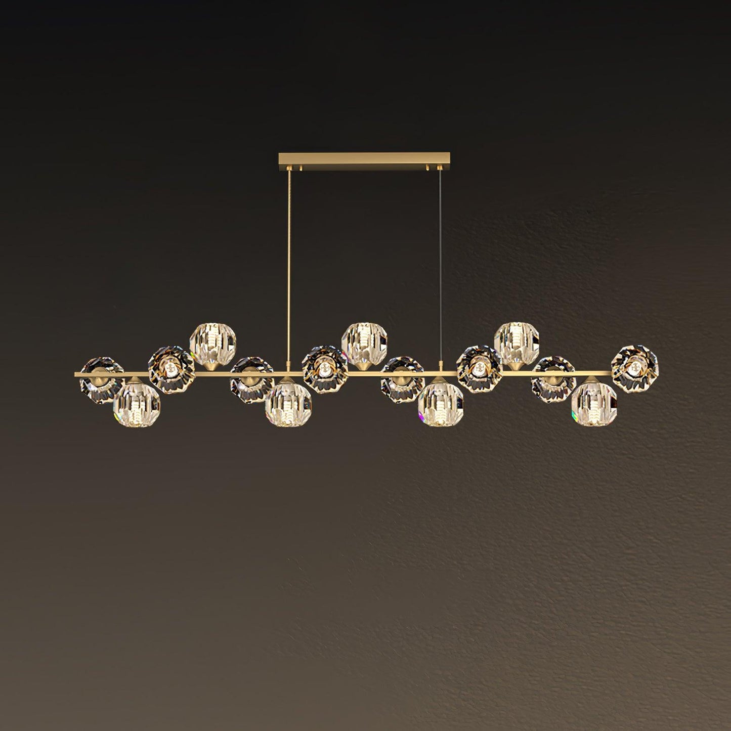 Crystal Glass Ball Chandelier 15 Heads L 55.1″ x W 7.1″ x H 239.4″ / L 140cm x W 18cm x H 100cm / Brass & Clear