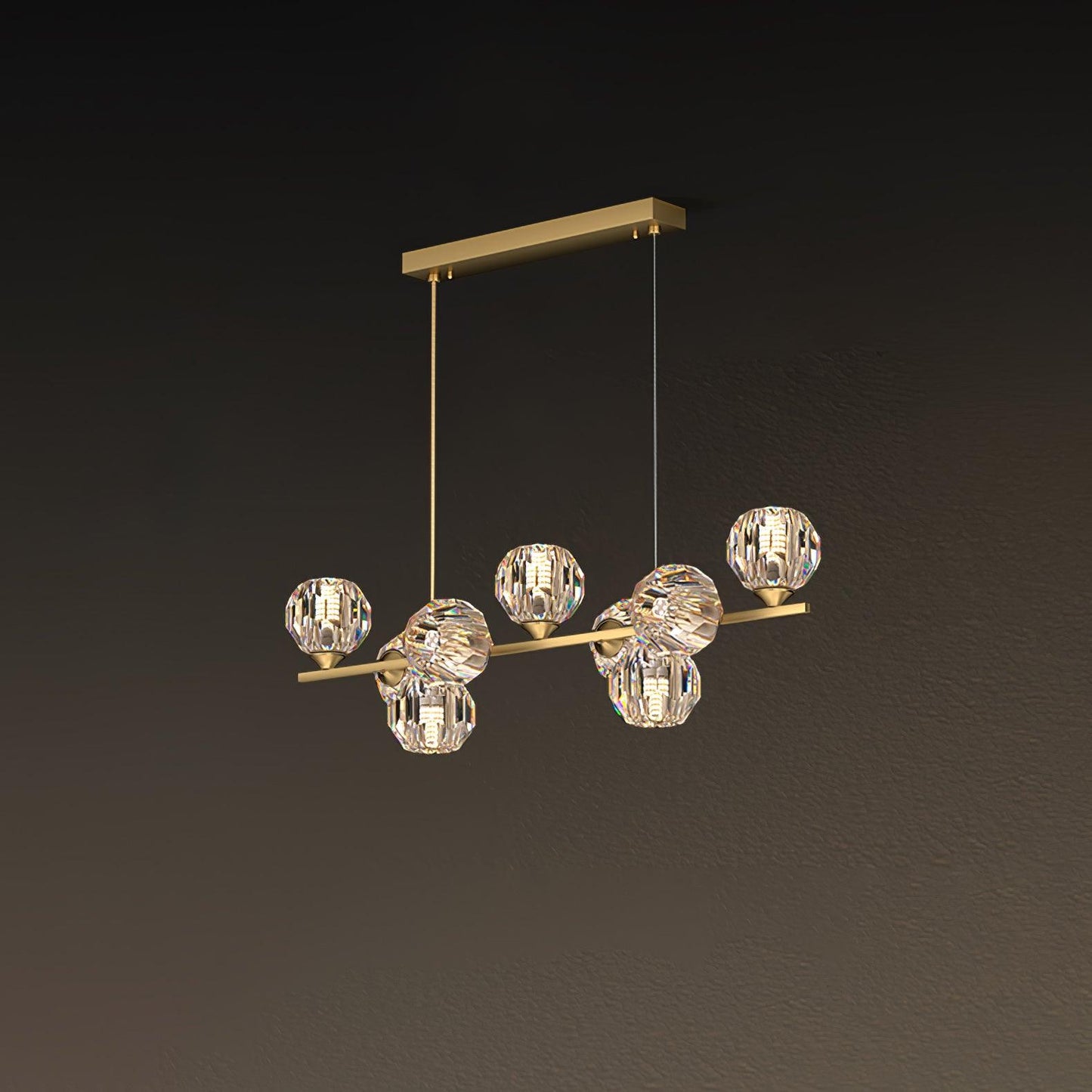Crystal Glass Ball Chandelier 9 Heads L 32.7″ x W 7.1″ x H 539.4″ / L 83cm x W 18cm x H 100cm / Brass & Clear Chandelier