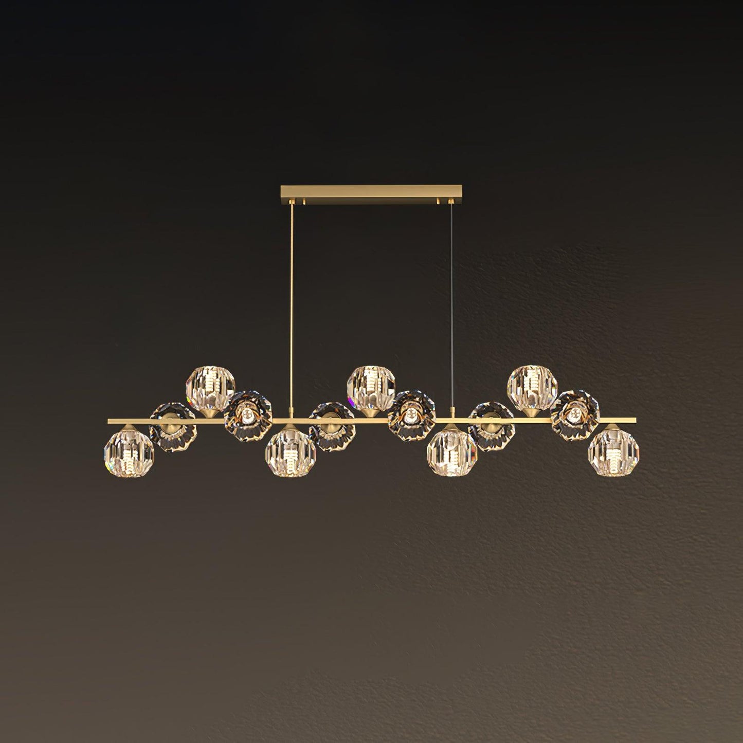 Crystal Glass Ball Chandelier 13 Heads L 47.2″ x W 7.1″ x H 39.4″ / L 120cm x W 18cm x H 100cm / Brass & Clear