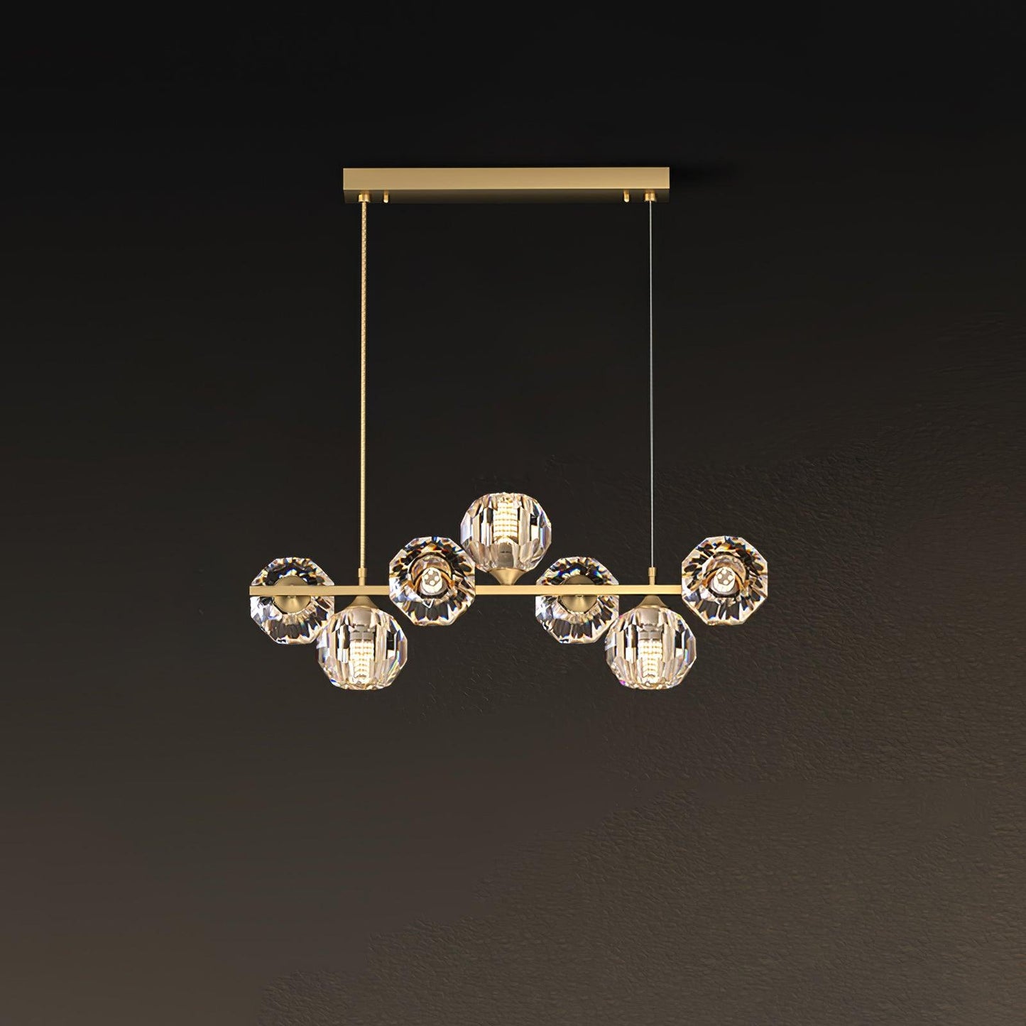 Crystal Glass Ball Chandelier 7 Heads L 25.6″ x W 7.1″ x H 39.4″ / L 65cm x W 18cm x H 100cm / Brass & Clear Chandelier