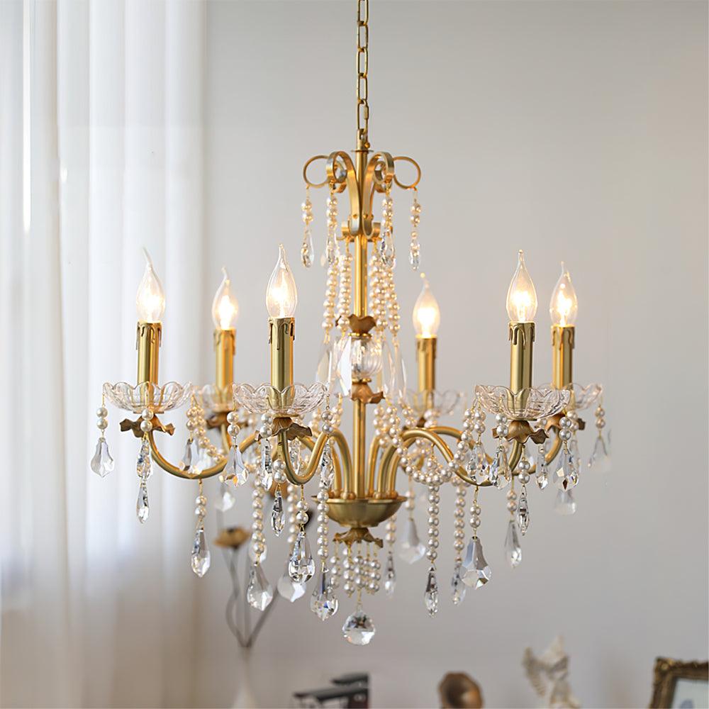 Crystal Pearl Chandelier Φ 23.6″ x H 23.6″ / Dia 60cm x H 60cm / Brass & Clear Chandelier
