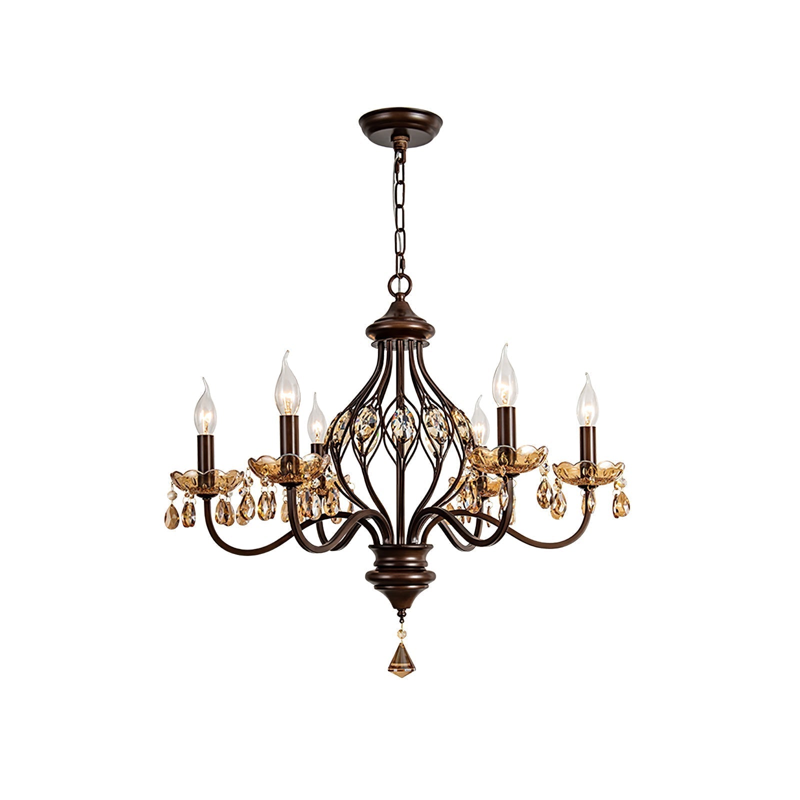 Crystorama Regis Chandelier 6 Heads Dia 24″ x H 25.6″ / Walnut wood & Amber Chandelier