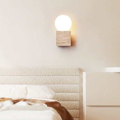 Cube Stone Wall Lamp L 3.9″ x W 3.9″ x H 7.9″ / Yellow Travertine & White Table lamp