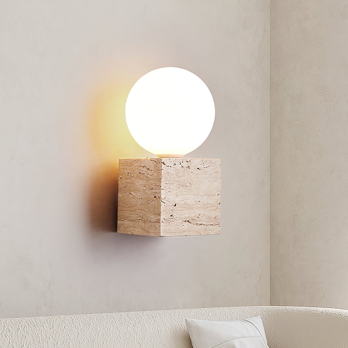 Cube Stone Wall Lamp L 3.9″ x W 3.9″ x H 7.9″ / Yellow Travertine & White Table lamp