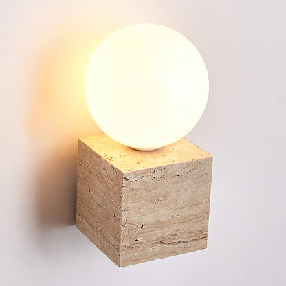 Cube Stone Wall Lamp L 3.9″ x W 3.9″ x H 7.9″ / Yellow Travertine & White Table lamp