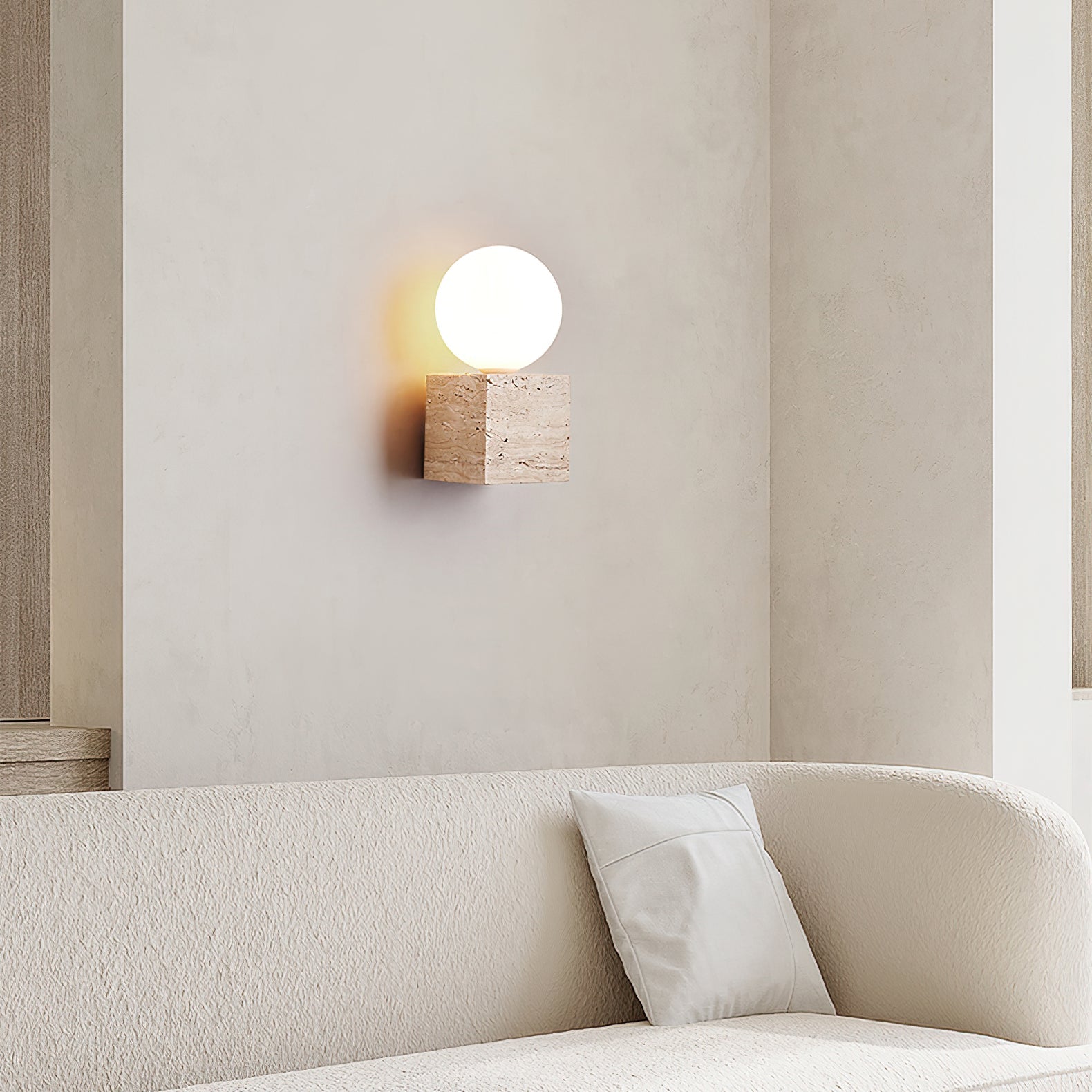 Cube Stone Wall Lamp L 3.9″ x W 3.9″ x H 7.9″ / Yellow Travertine & White Table lamp