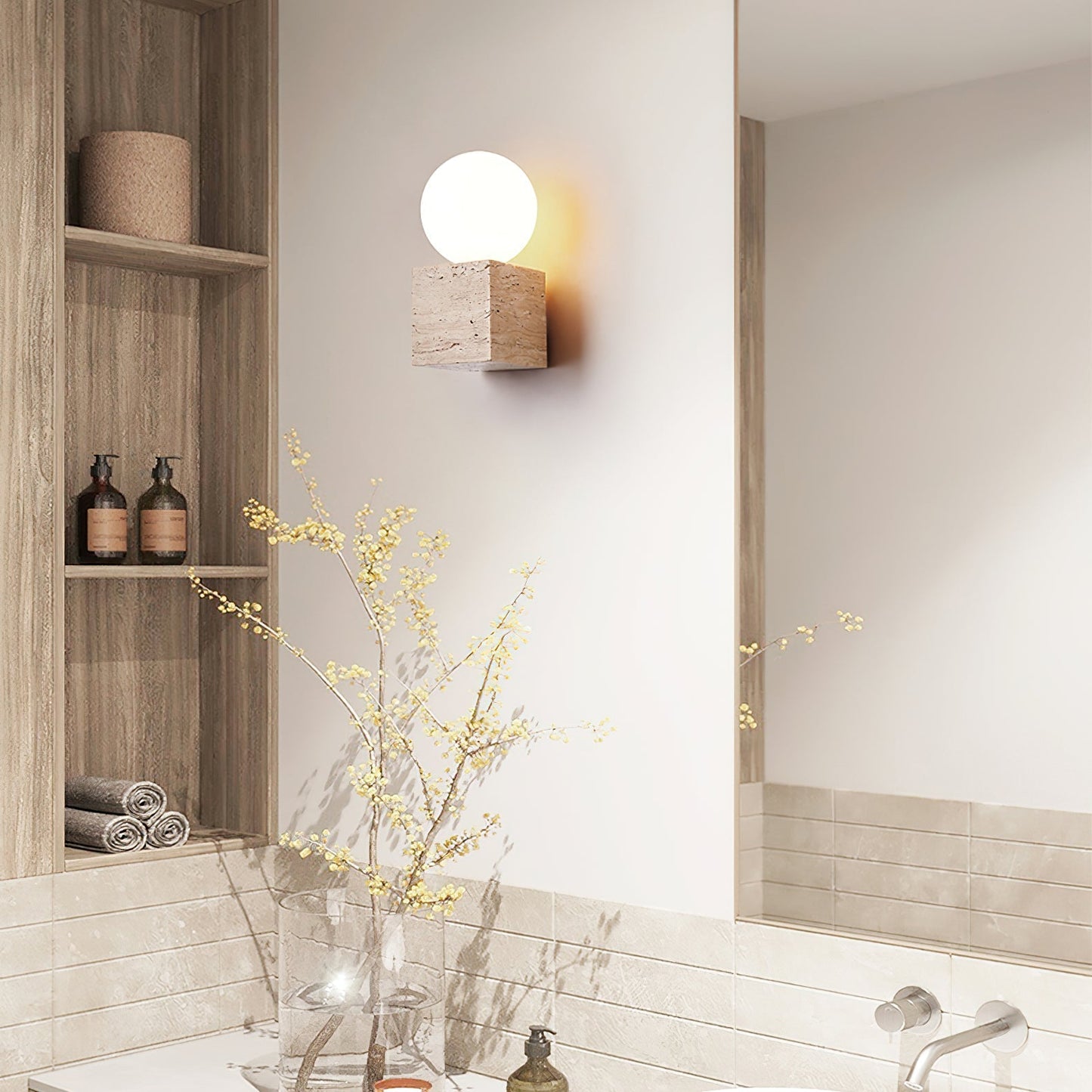 Cube Stone Wall Lamp L 3.9″ x W 3.9″ x H 7.9″ / Yellow Travertine & White Table lamp
