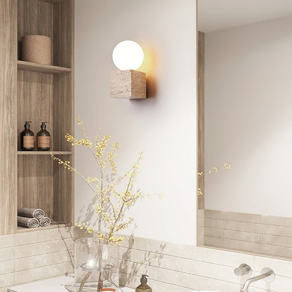 Cube Stone Wall Lamp L 3.9″ x W 3.9″ x H 7.9″ / Yellow Travertine & White Table lamp
