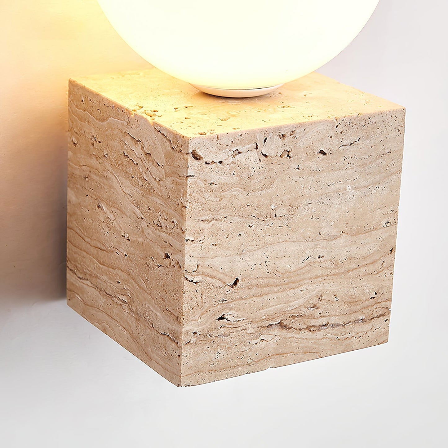Cube Stone Wall Lamp L 3.9″ x W 3.9″ x H 7.9″ / Yellow Travertine & White Table lamp