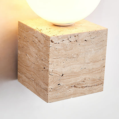 Cube Stone Wall Lamp L 3.9″ x W 3.9″ x H 7.9″ / Yellow Travertine & White Table lamp