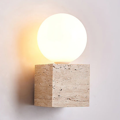 Cube Stone Wall Lamp L 3.9″ x W 3.9″ x H 7.9″ / Yellow Travertine & White Table lamp