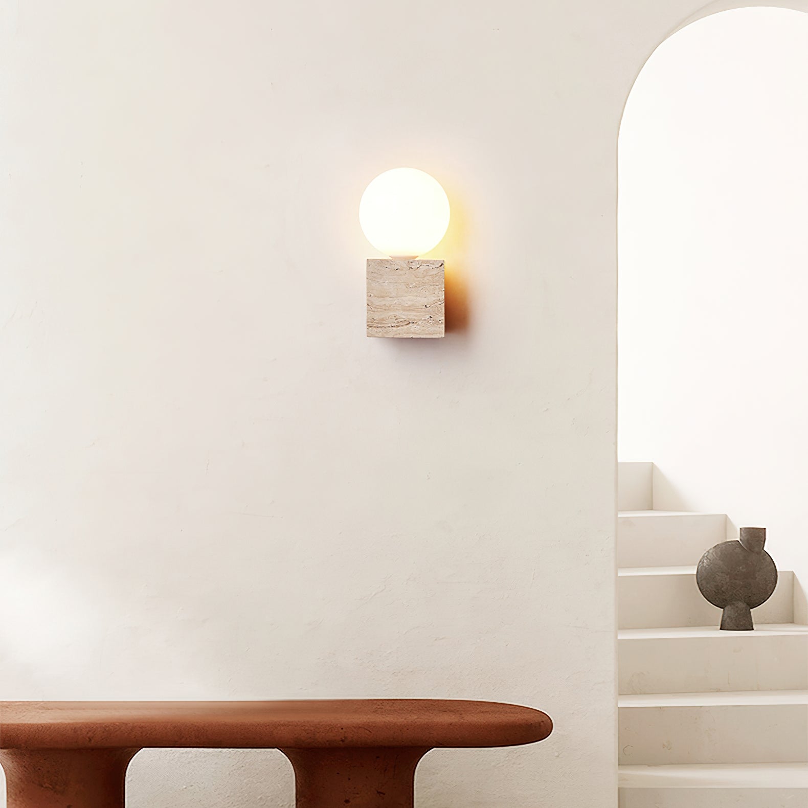 Cube Stone Wall Lamp L 3.9″ x W 3.9″ x H 7.9″ / Yellow Travertine & White Table lamp