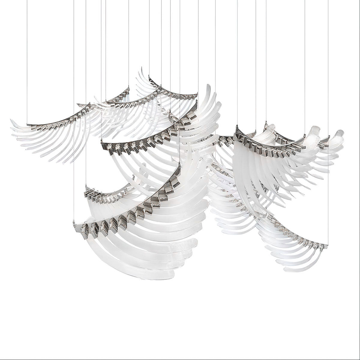 Bird Feather Wings Chandelier Dia 200cm x H 250cm / ? 78.7″ x H 98.4″ / Silver & White / Warm Light Chandelier