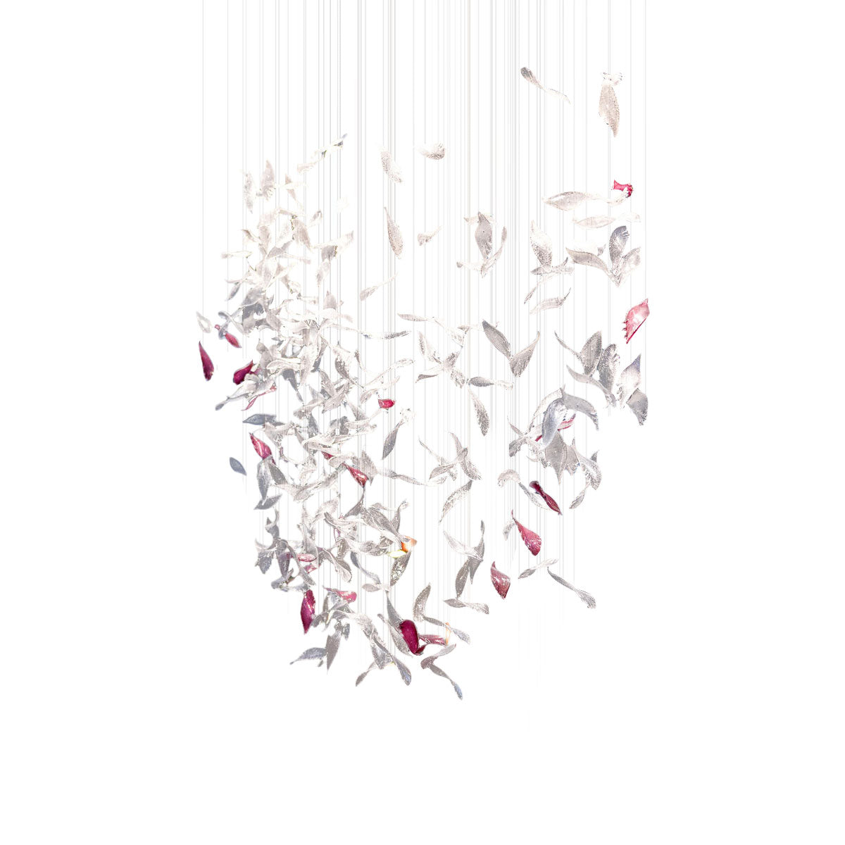 Flying Glass Feather Chandelier L 220cm x W 60cm x H 250cm / L 86.6″ x W 23.6″ x H 98.4″ / Clear & Pink / Warm Light