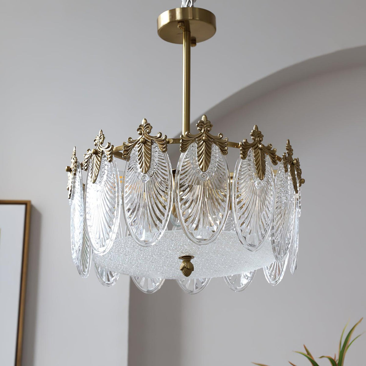 Decorative Pattern Glass Round Chandelier 5 heads Φ 15.7″ x H 9.1″ / Dia 40cm x H 23cm / Copper + Clear Chandelier