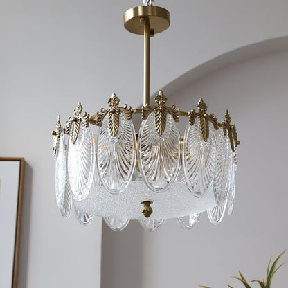 Decorative Pattern Glass Round Chandelier 5 heads Φ 15.7″ x H 9.1″ / Dia 40cm x H 23cm / Copper + Clear Chandelier