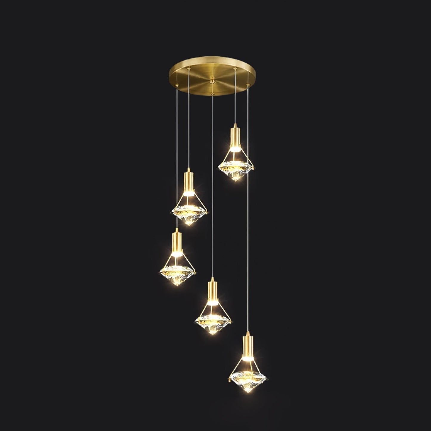 Diamond Pendant Lamp 5heads Dia 11.8″ x H 39.3″/ Dia 30cm x H 100cm / Brass & Clear / Three-color changing light Pendant