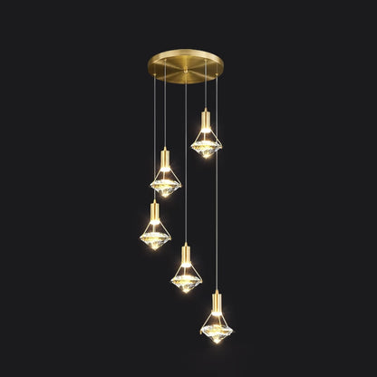 Diamond Pendant Lamp 5heads Dia 11.8″ x H 39.3″/ Dia 30cm x H 100cm / Brass & Clear / Three-color changing light Pendant