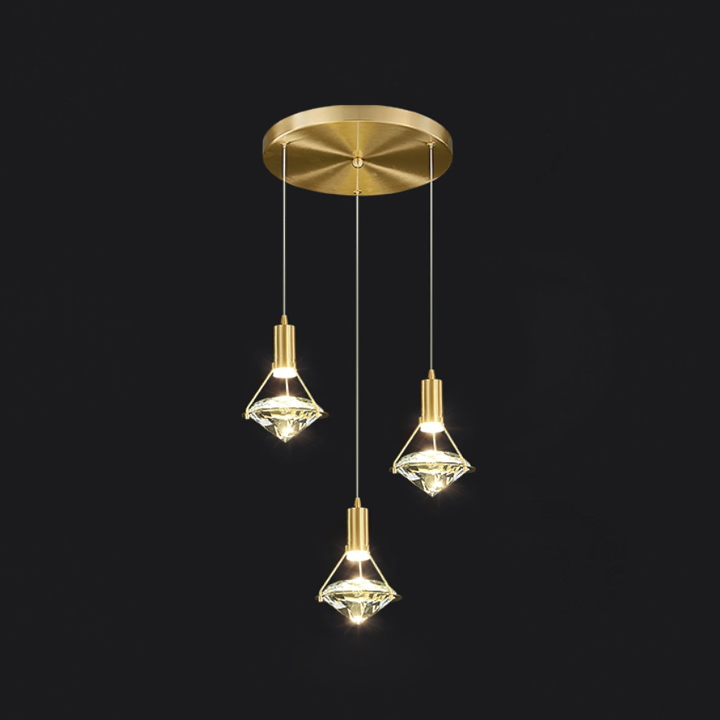 Diamond Pendant Lamp 3heads Dia 11.8″ x H 39.3″/ Dia 30cm x H 100cm / Brass & Clear / Three-color changing light Pendant