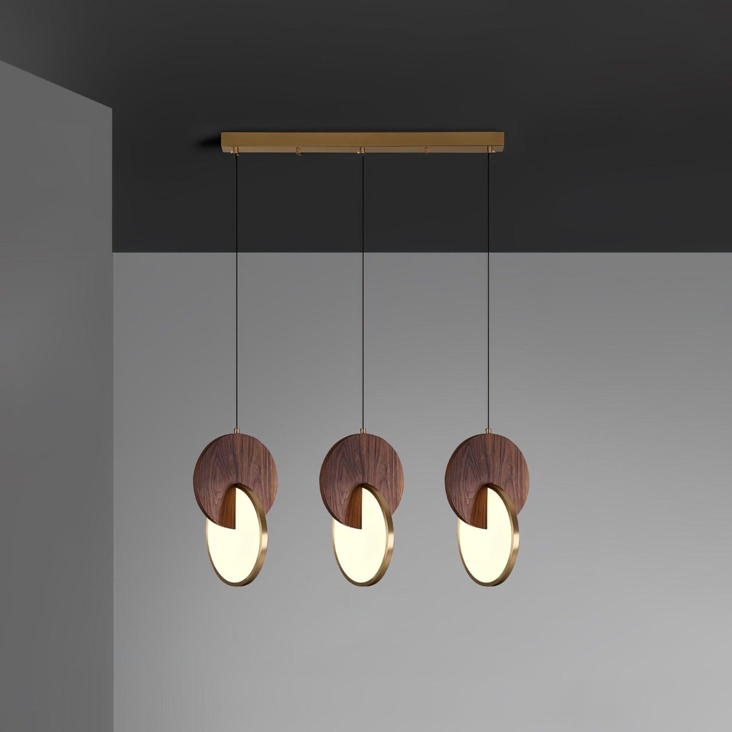 Double Disk Pendant Lamp 3 heads L 29.5″ x W 7.9″ x H 59″ / L 75cm x W 20cm x H 150cm / Walnut Wood & Gold / Warm Light