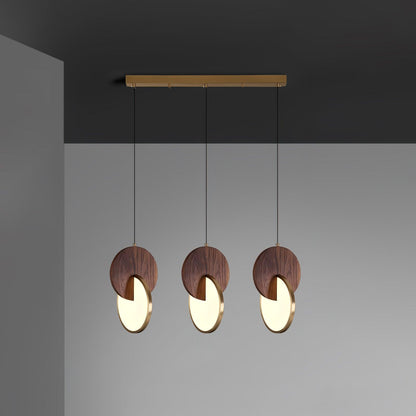 Double Disk Pendant Lamp 3 heads L 29.5″ x W 7.9″ x H 59″ / L 75cm x W 20cm x H 150cm / Walnut Wood & Gold / Warm Light