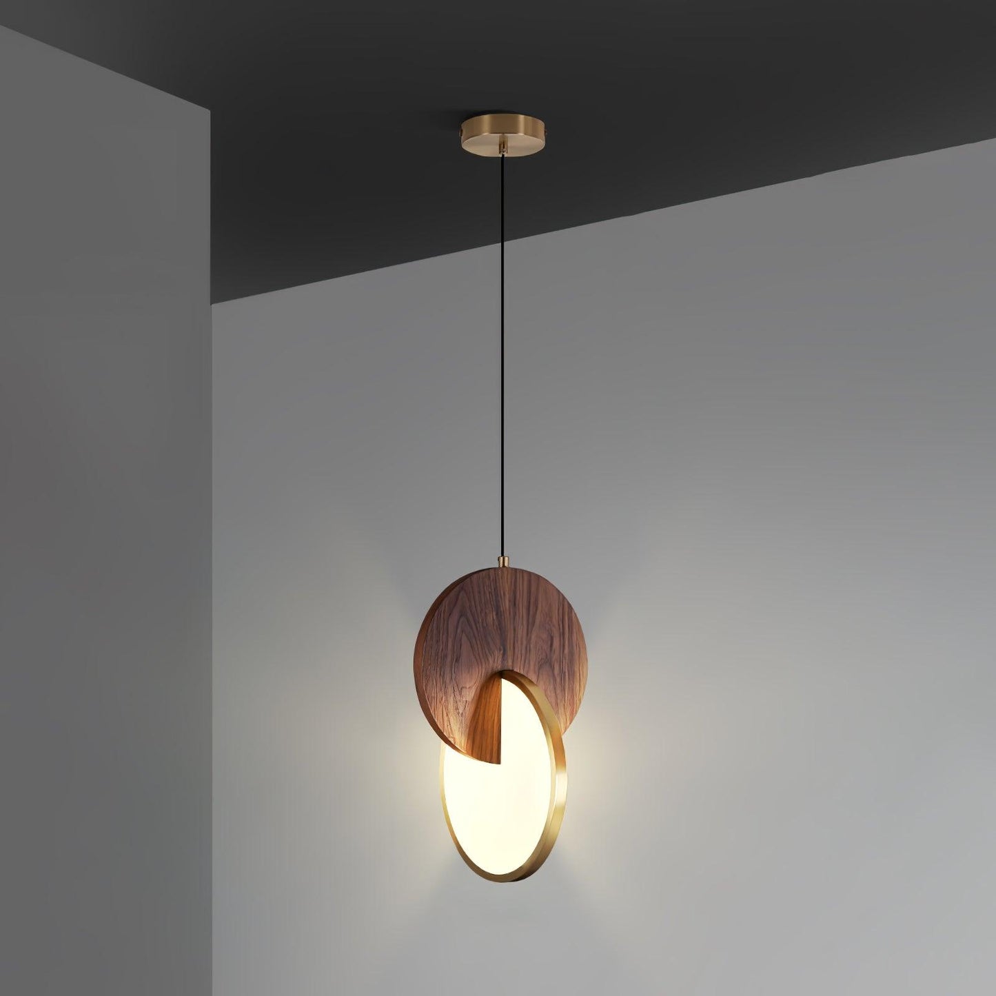 Double Disk Pendant Lamp Dia 9.8″ x H 15″ / Dia 25cm x H 38cm / Walnut Wood & Gold / Warm Light Pendant light