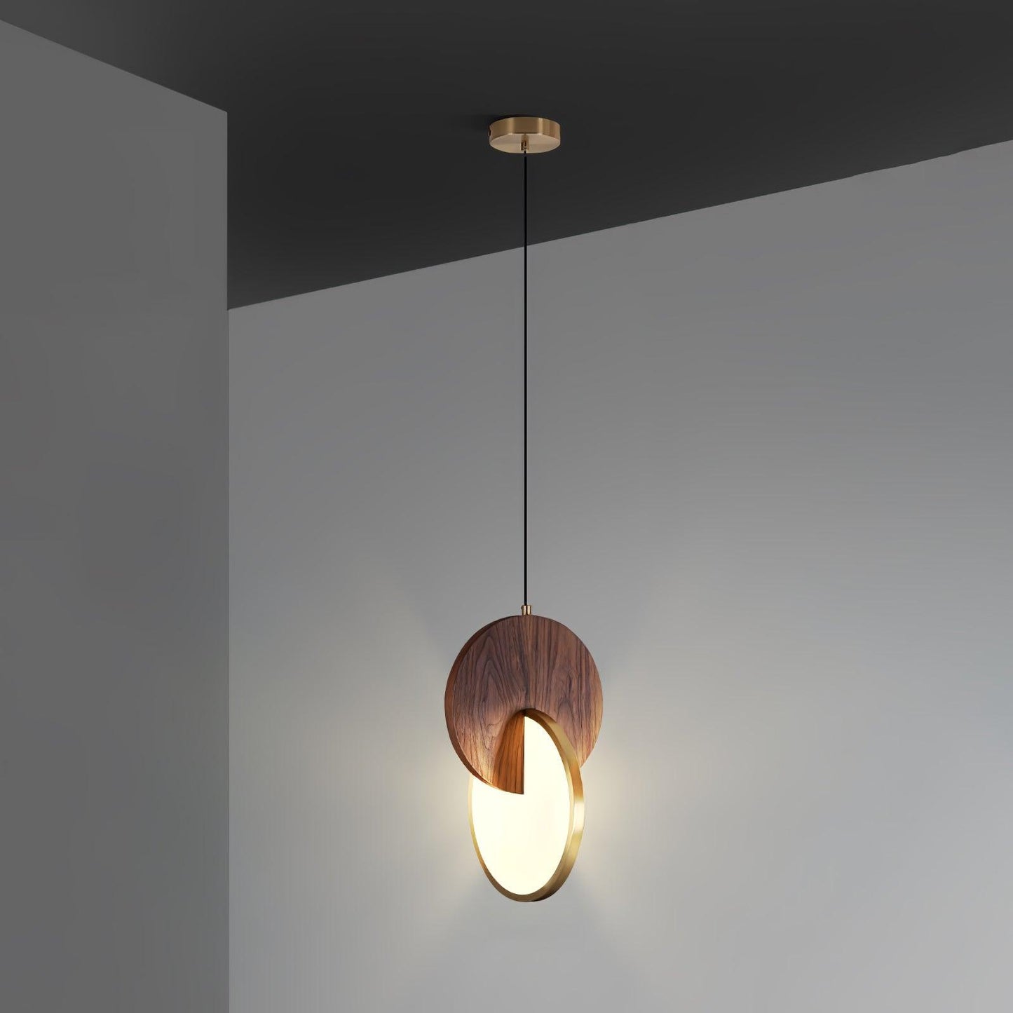 Double Disk Pendant Lamp Dia 7.9″ x H 11.8″ / Dia 20cm x H 30cm / Walnut Wood & Gold / Warm Light Pendant light