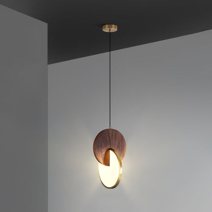 Double Disk Pendant Lamp Dia 7.9″ x H 11.8″ / Dia 20cm x H 30cm / Walnut Wood & Gold / Warm Light Pendant light
