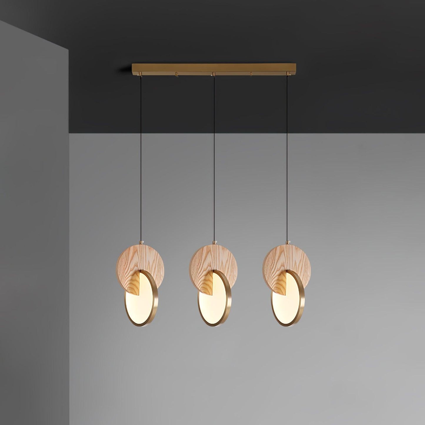 Double Disk Pendant Lamp 3 heads L 29.5″ x W 7.9″ x H 59″ / L 75cm x W 20cm x H 150cm / Nature Wood & Gold / Warm Light