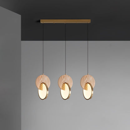 Double Disk Pendant Lamp 3 heads L 29.5″ x W 7.9″ x H 59″ / L 75cm x W 20cm x H 150cm / Nature Wood & Gold / Warm Light