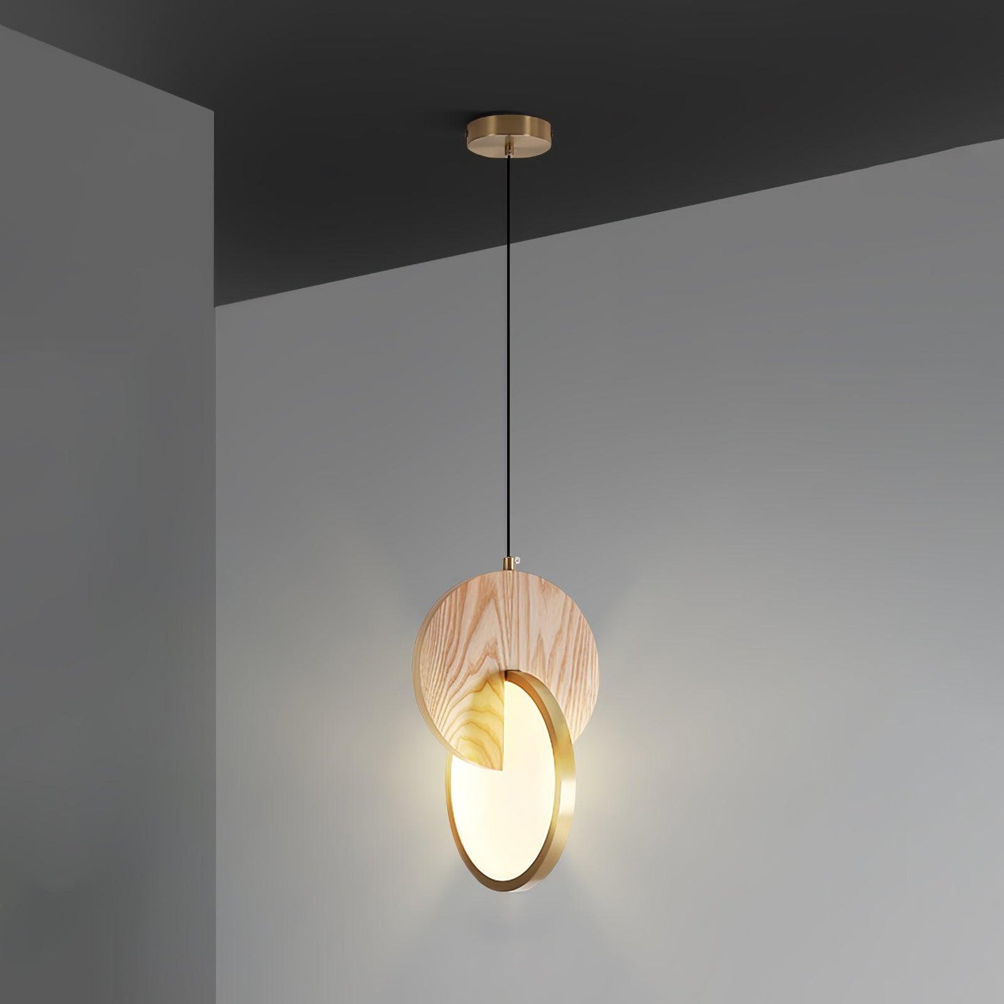Double Disk Pendant Lamp Dia 9.8″ x H 15″ / Dia 25cm x H 38cm / Nature Wood & Gold / Warm Light Pendant light