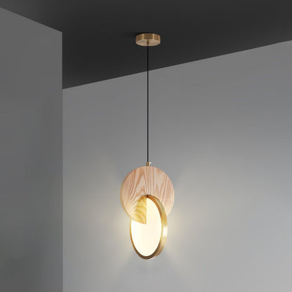 Double Disk Pendant Lamp Dia 9.8″ x H 15″ / Dia 25cm x H 38cm / Nature Wood & Gold / Warm Light Pendant light