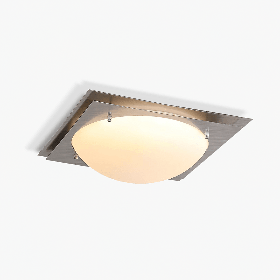 Edged Glass Ceiling Lamp L 18.5″ x W 18.5″ x H 4.3″ / L 47cm x W 47cm x H 11cm / Stainless steel & White / Warm Light
