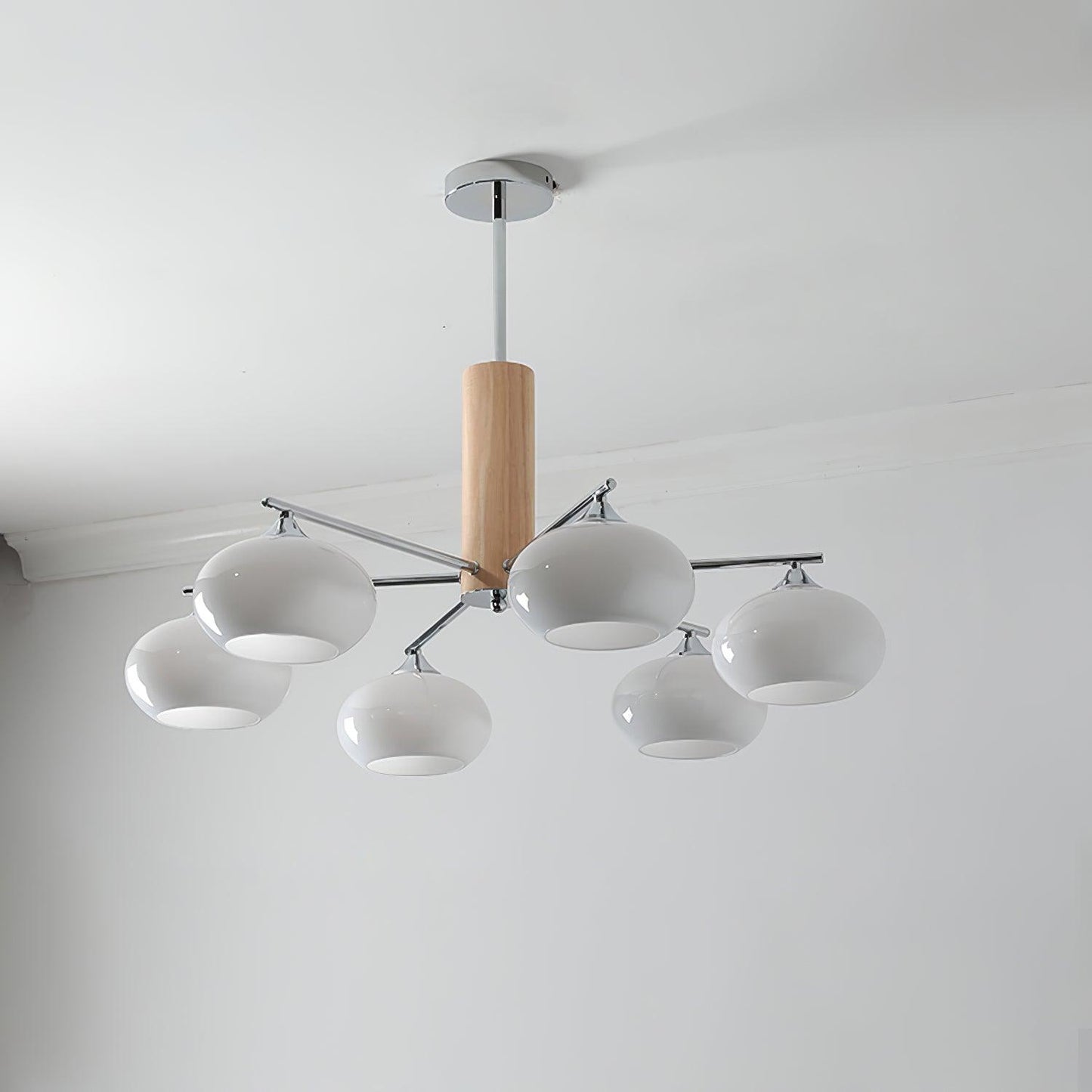 Elliptical Persimmon Chandelier 6 Lamps Dia 34.6″ x H 20.9″ / Dia 88cm x H 53cm / Chrome & Milk white glass Chandelier
