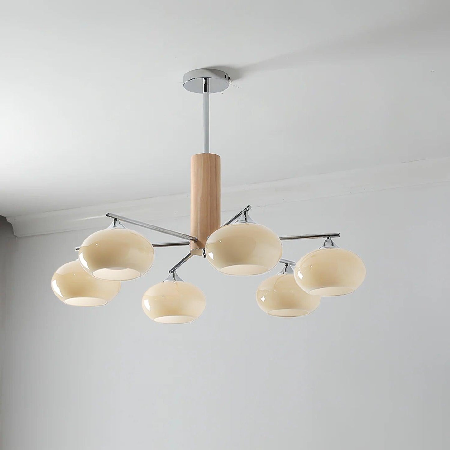 Elliptical Persimmon Chandelier 6 Lamps Dia 34.6″ x H 20.9″ / Dia 88cm x H 53cm / Chrome & Creamy yellow glass Chandelier