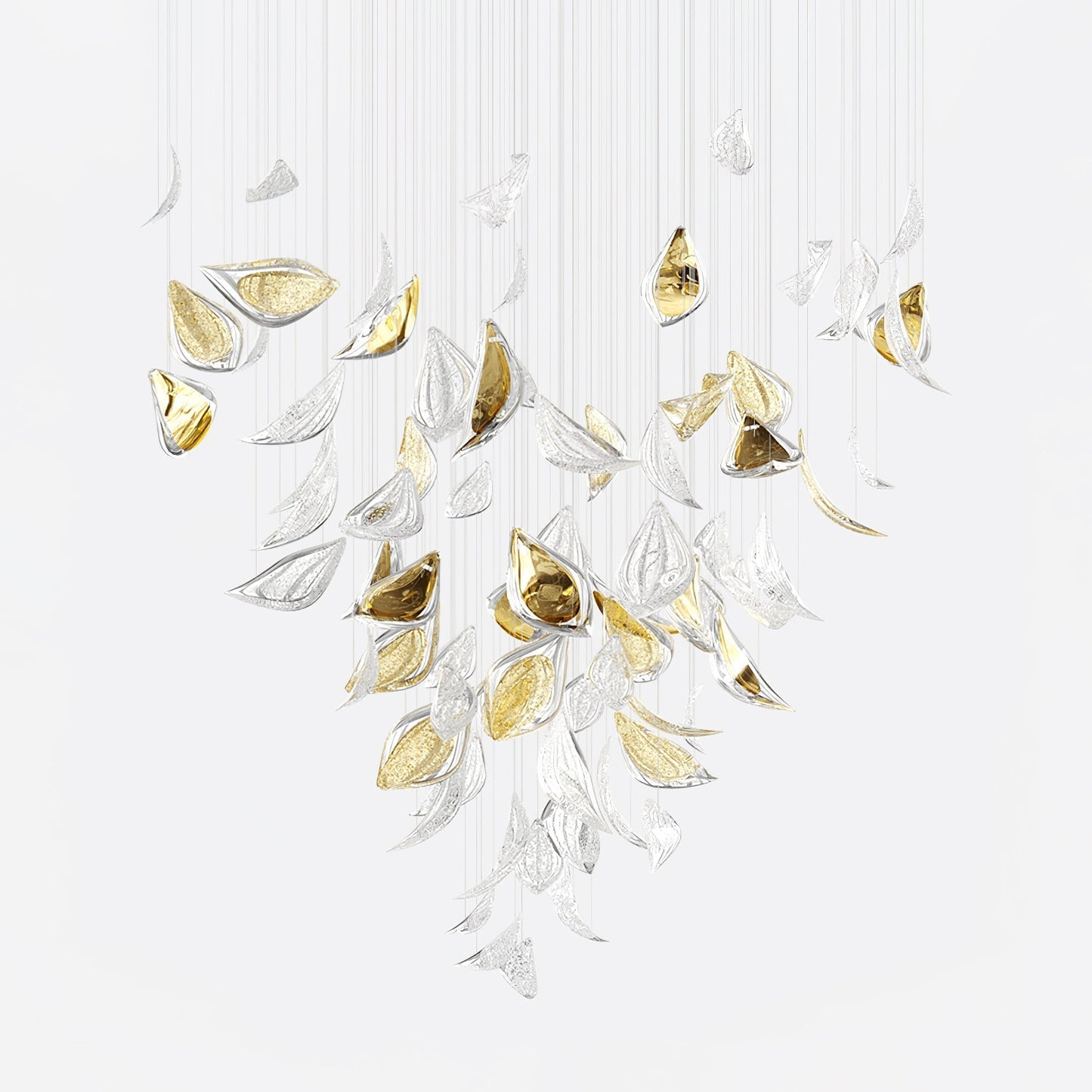 Floating Leaves Chandelier Dia 47.2″ x 78.7″ / Dia 120cm x 200cm / Gold & Clear / Warm Light Chandelier